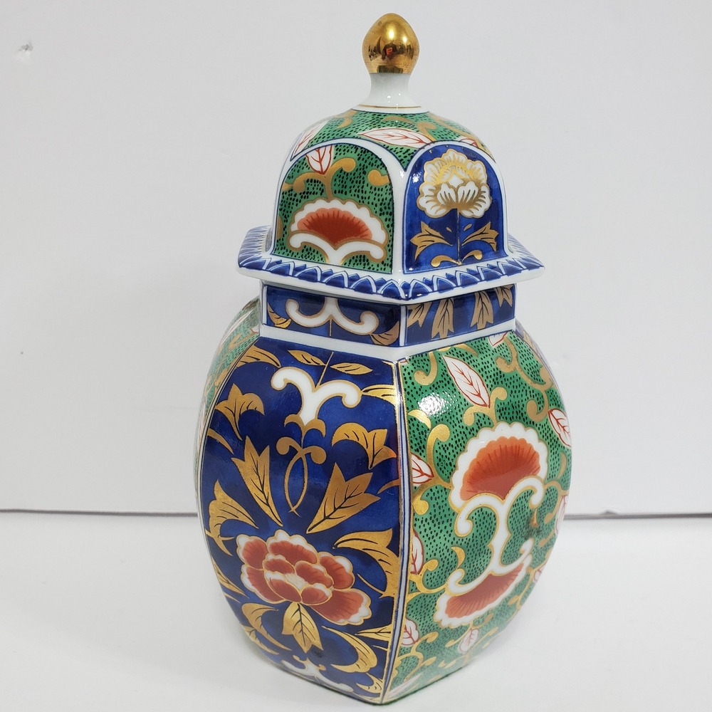 Vintage Ceramic‎ Ginger Jar Decorative Floral Blue Green Gold